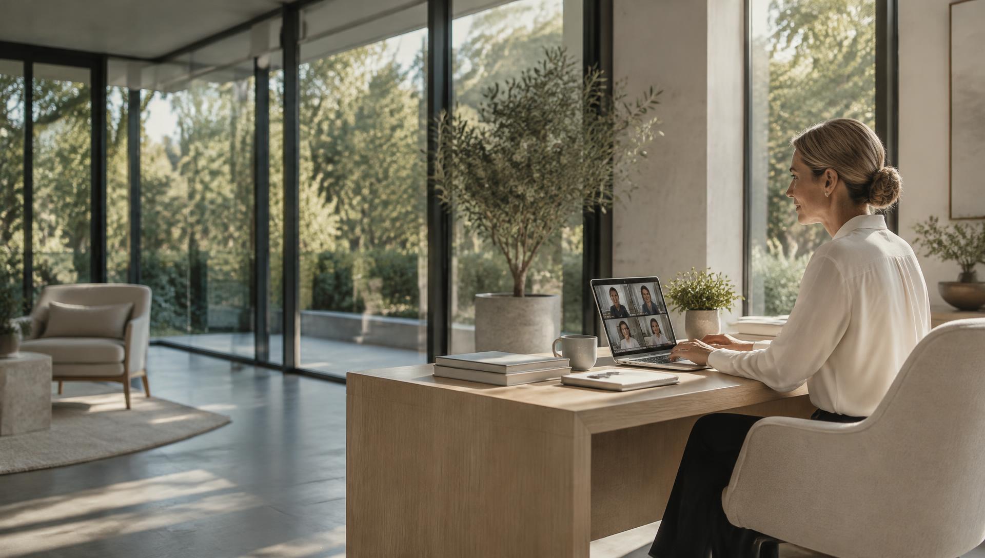 A mediator connecting with participants from a peaceful, light-filled office